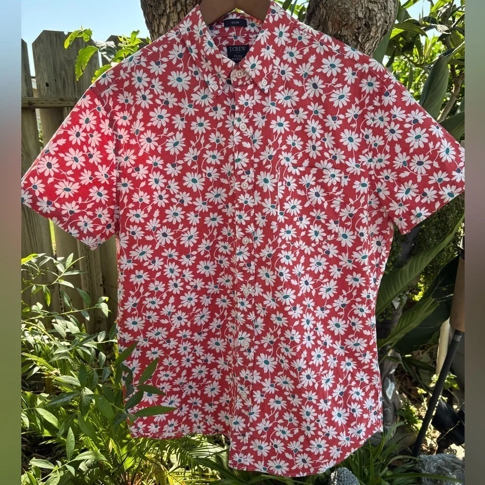J. Crew Factory Short-Sleeve Slim Flex Washed Casual Floral Printed Shirt